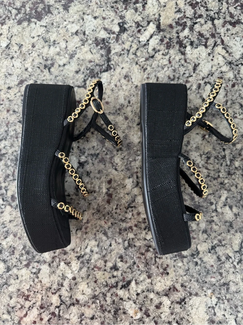 Larroude Platform Sandals with Gold Chain Trim